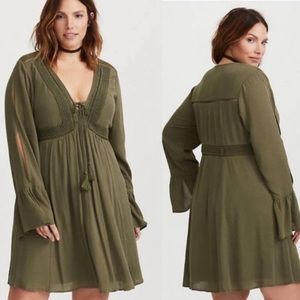 Torrid Gauze Lace Up A Line Olive Dress 4x